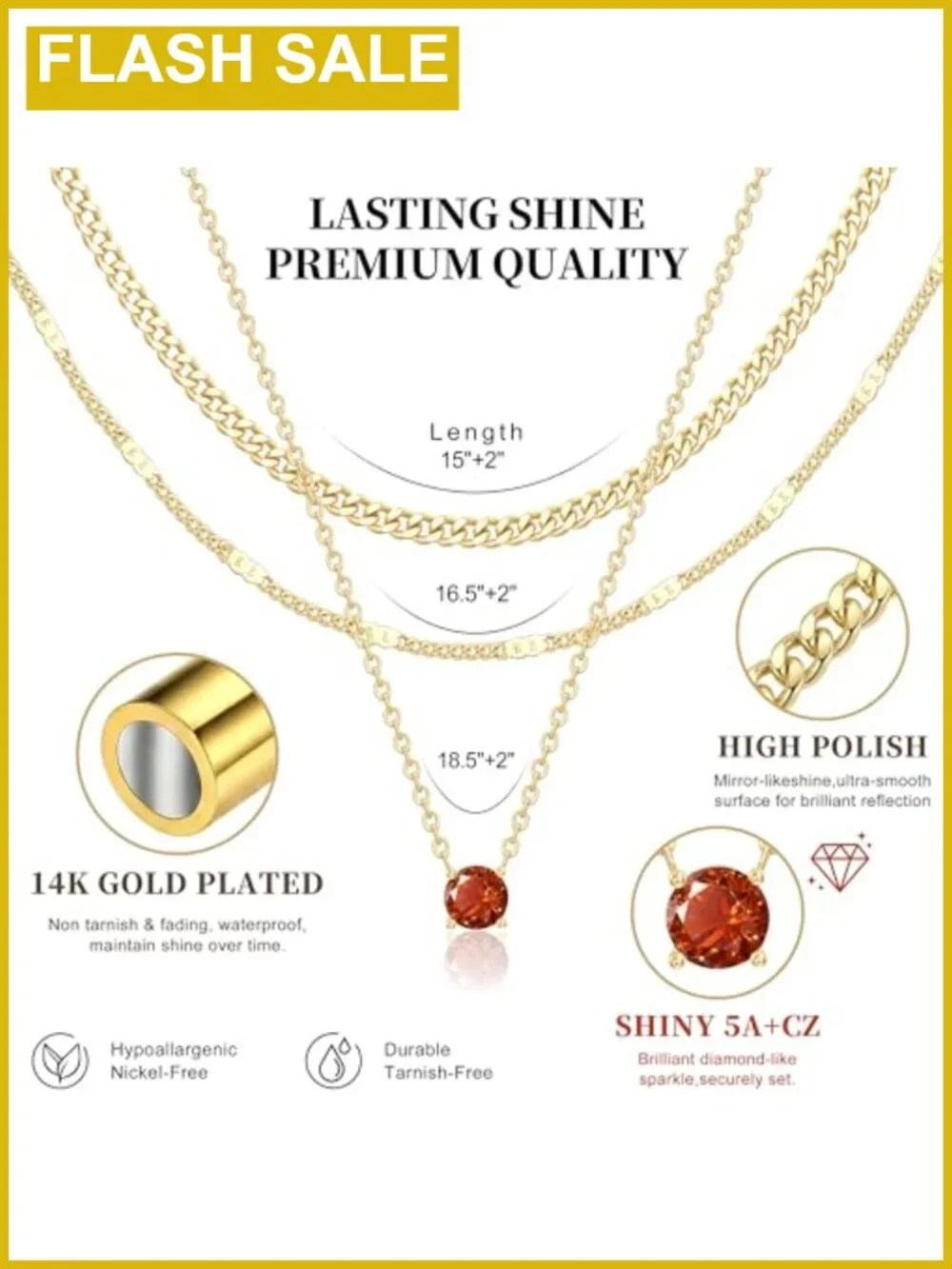14K Gold Plated 3-Piece Layered Necklace Set Cuban Chain Created Ruby July